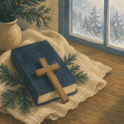 Bible and Wooden Cross on Linen
