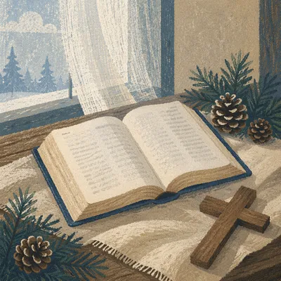 Open Bible and Wooden Cross on Linen