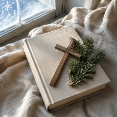 Bible and Wooden Cross on Linen