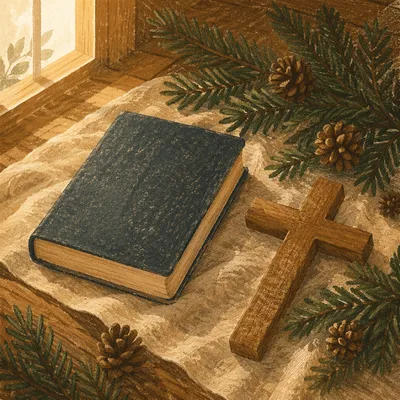 Wooden Cross and Bible on Evergreen Linen