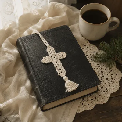 Bible with Crocheted Cross on Linen
