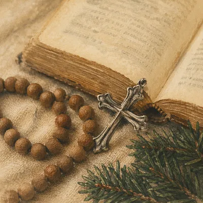 Bible and Cross on Linen with Evergreen