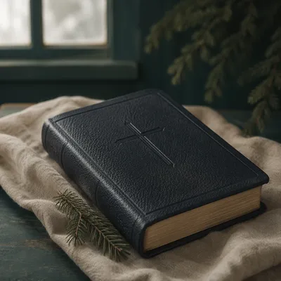 Bible With Cross on Linen Cloth