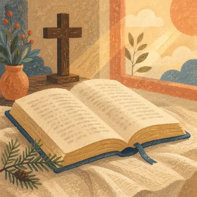 Open Bible and Cross on Linen