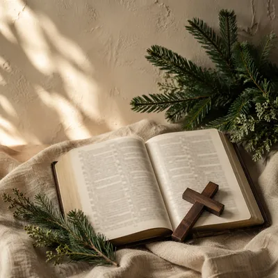 Open Bible with Cross and Evergreen