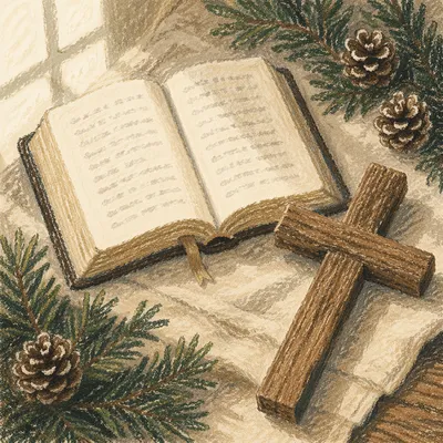 Open Bible and Wooden Cross on Linen