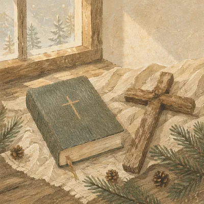 Bible and Wooden Cross on Winter Linen