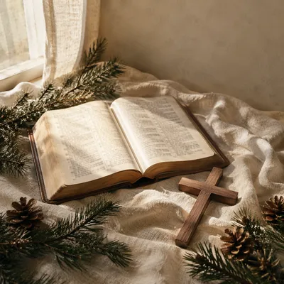 Open Bible and Wooden Cross on Linen