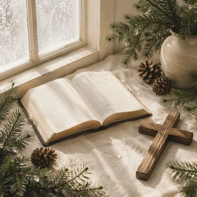 Open Bible and Wooden Cross on Linen