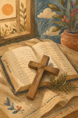 Open Bible with Wooden Cross on Linen