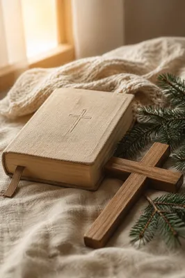 Bible and Wooden Cross on Linen