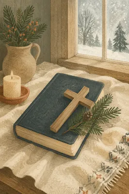 Bible and Wooden Cross on Linen