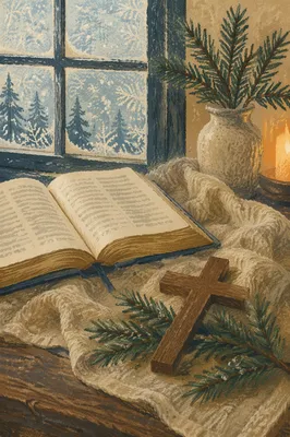 Open Bible and Wooden Cross on Linen
