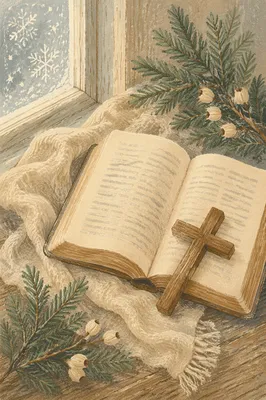 Open Bible with Wooden Cross and Evergreen