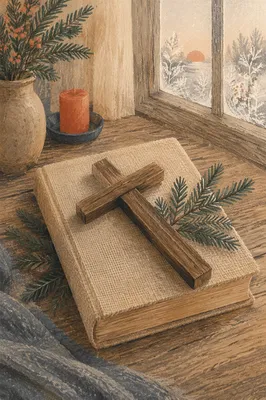 Wooden Cross and Bible on Linen