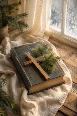 Bible and Wooden Cross on Linen