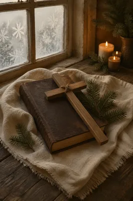 Evergreen Bible and Wooden Cross on Linen