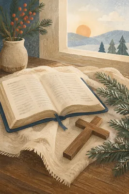 Open Bible with Wooden Cross and Evergreen