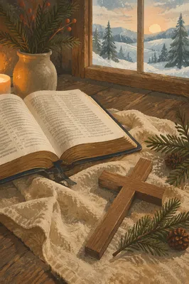 Wooden Cross Beside Bible on Linen