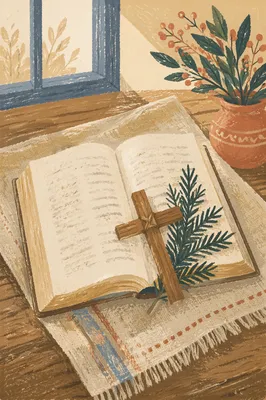 Open Bible with Wooden Cross and Evergreen