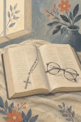 Open Bible with Silver Cross on Linen