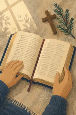 Open Bible with Cross on Linen