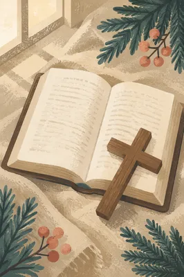 Open Bible and Wooden Cross on Linen