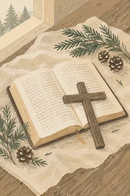 Bible and Wooden Cross on Linen