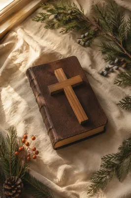 Bible and Wooden Cross on Linen
