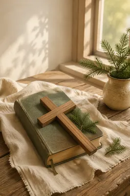 Bible and Wooden Cross on Linen