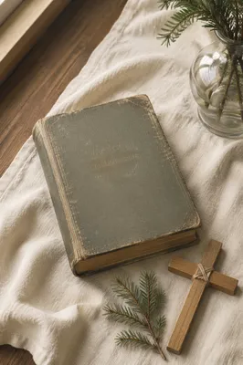 Bible and Wooden Cross on Linen