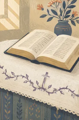 Open Bible and Cross on Linen Altar Cloth
