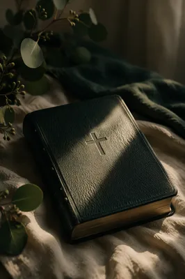 Bible with Cross on Linen Cloth