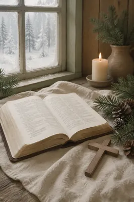 Open Bible and Wooden Cross on Linen