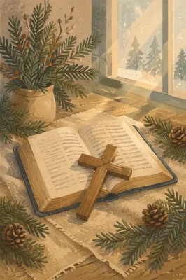Open Bible with Wooden Cross and Evergreen