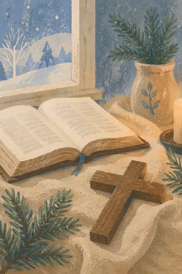 Open Bible and Wooden Cross on Linen