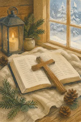 Open Bible and Wooden Cross on Linen