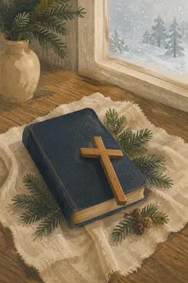 Bible and Wooden Cross on Linen