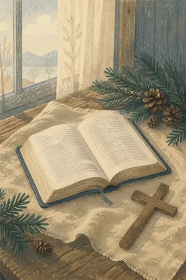 Open Bible and Wooden Cross on Linen