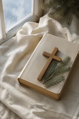 Bible and Wooden Cross on Winter Linen