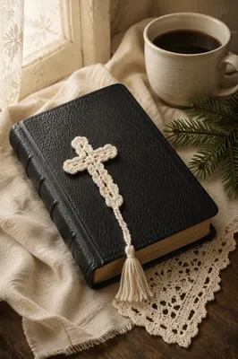 Bible and Crocheted Cross on Linen