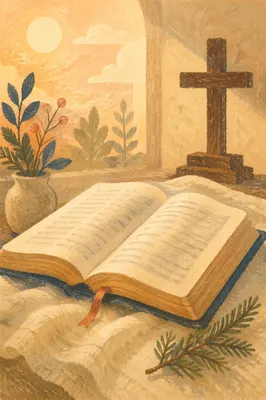 Open Bible with Cross and Evergreen