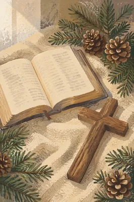 Open Bible and Wooden Cross on Linen