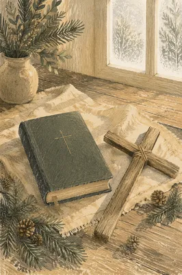 Bible and Cross on Winter Linen