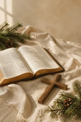 Open Bible and Cross on Linen