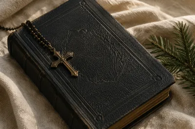 Bible and Bronze Cross on Linen
