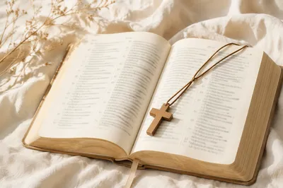 Open Bible with Wooden Cross on Linen