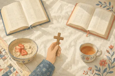 Bible and Wooden Cross on Linen