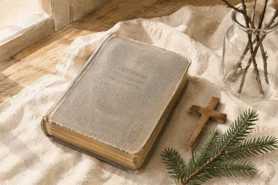 Bible and Wooden Cross on Linen