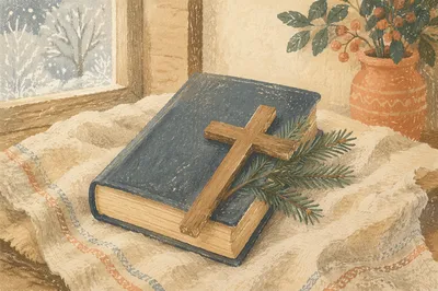 Bible and Wooden Cross on Linen